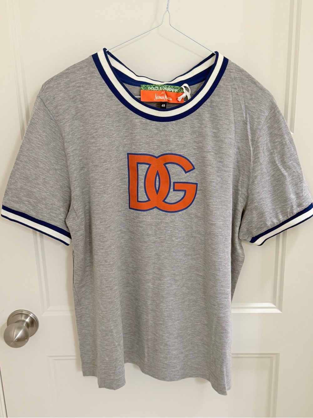 Dolce & Gabbana Grey Short-Sleeve Logo Tee with Orange Emblem and Navy Trim